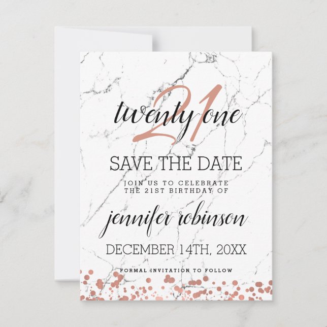 21st Birthday Save the Date Rose Gold Marble (Front)