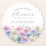 21st Birthday September Birth Flower Custom Paper Coaster<br><div class="desc">Perfect table decor for an September birthday party. Aster is the birth flower for that month. It forms a pretty watercolor bottom border on this floral personalized coaster. The birthday guest of honour's name,  age and birthdate are placed above it using elegant calligraphy and typography. All text is editable.</div>