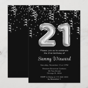21st Birthday Silver Balloons with Confetti Invitation