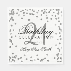 21st Birthday Silver Faux Glitter Confetti White Napkin