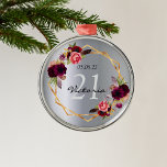 21st birthday silver florals geometric burgundy metal ornament<br><div class="desc">A 21st birthday ornament with templates for a name, date, and age 21. Trendy bohemian boho style. Decorated with watercolored roses in burgundy and pink. Glamourous, shiny faux silver metallic looking background on both front and back. A faux gold geometric frame. Perfect both as a birthday gift, keepsake or as...</div>