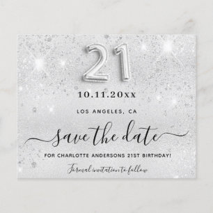 21st birthday silver glitter budget save the date flyer