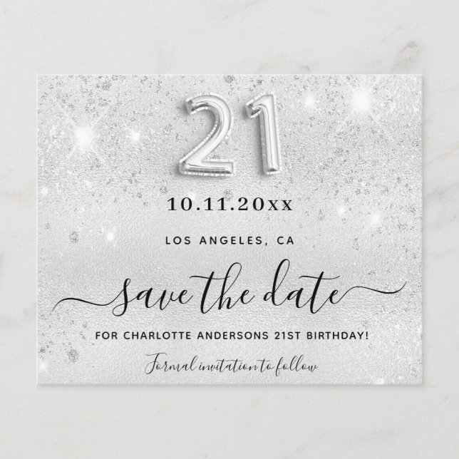 21st birthday silver glitter budget save the date flyer (Front)