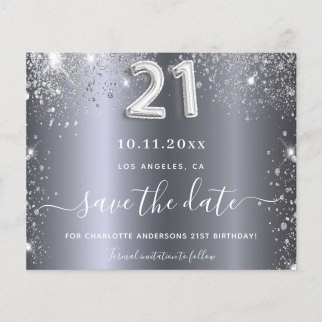 21st birthday silver glitter budget save the date flyer (Front)