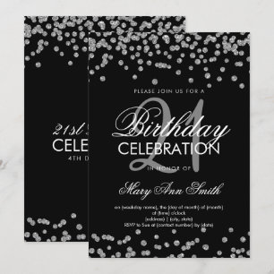 21st Birthday Silver Glitter Confetti Black Invitation