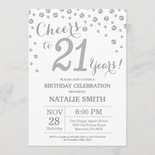 21st Birthday Silver Glitter Diamond Invitation