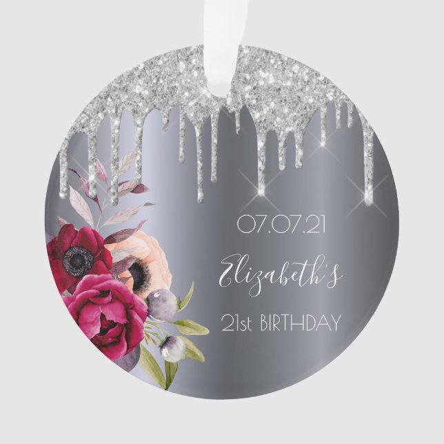 21st birthday silver glitter drips floral burgundy ornament (Front)