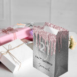 21st birthday silver glitter drips pink monogram medium gift bag<br><div class="desc">Elegant, classic, glamourous and feminine 21st birthday party. A faux silver metallic background. Decorated with blush pink faux glitter drips, paint dripping look. Personalize and add a name. With the text: Happy Birthday. The name is written with a modern hand lettered style script. Number 21 is written with a balloon...</div>