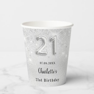 21st birthday silver glitter name glamourous paper cups