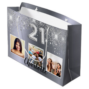 21st birthday silver glitter photo large gift bag