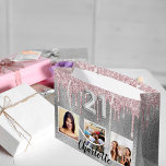 21st birthday silver glitter photo pink monogram large gift bag<br><div class="desc">A gift bag for a feminine and glamourous 21st birthday. A faux silver looking background with blush pink faux glitter drips, paint dripping look. Personalize and add 3 photos and a name. Number 21 is written with a balloon style font. Perfect as a party favour bag or as a gift...</div>