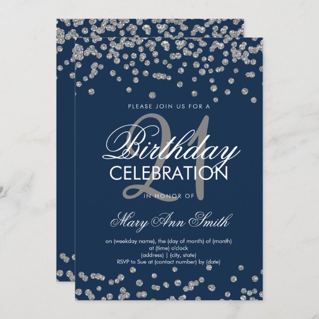 21st Birthday Silver Navy Blue Glitter Confetti Invitation (Front/Back)