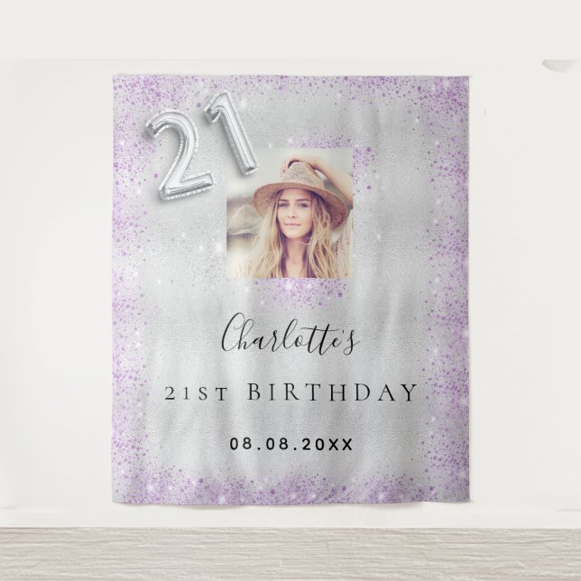 21st birthday silver purple glitter photo welcome tapestry (Front)