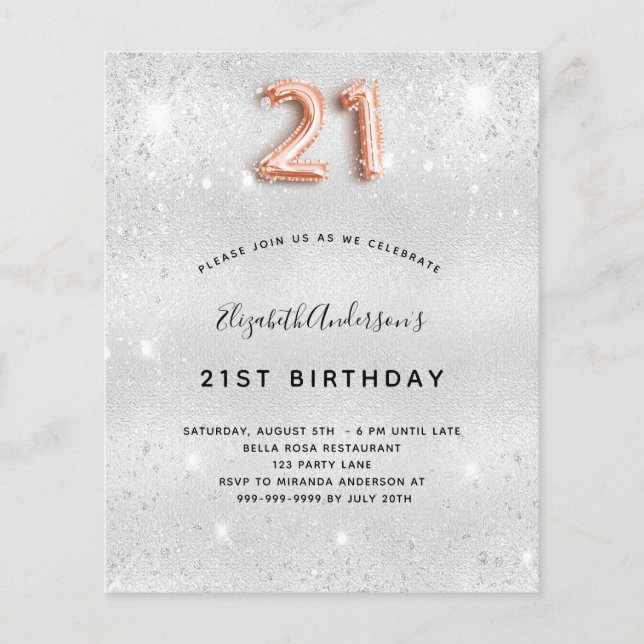 21st birthday silver rose gold glitter invitation (Front)