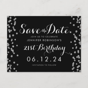 21st Birthday Silver Save The Date Confetti Black Postcard