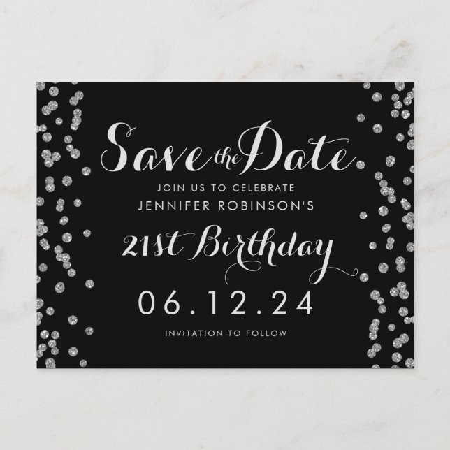 21st Birthday Silver Save The Date Confetti Black Postcard (Front)
