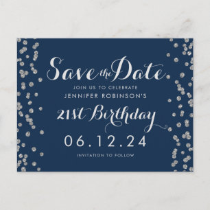 21st Birthday Silver Save The Date Confetti Navy Postcard
