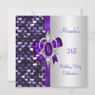 21st Birthday Silver Sequins Purple Diamond Bow Invitation