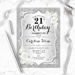 21st Birthday - Silver Stripes White Roses Invitation<br><div class="desc">21st Birthday Invitation. Elegant floral design in silver and white. Features faux glitter silver stripes,  white roses stylish script font and confetti. Perfect for a glam birthday party.</div>