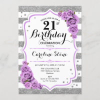 21st Birthday -  Silver White Stripes Purple Roses