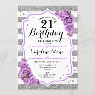 21st Birthday -  Silver White Stripes Purple Roses Invitation