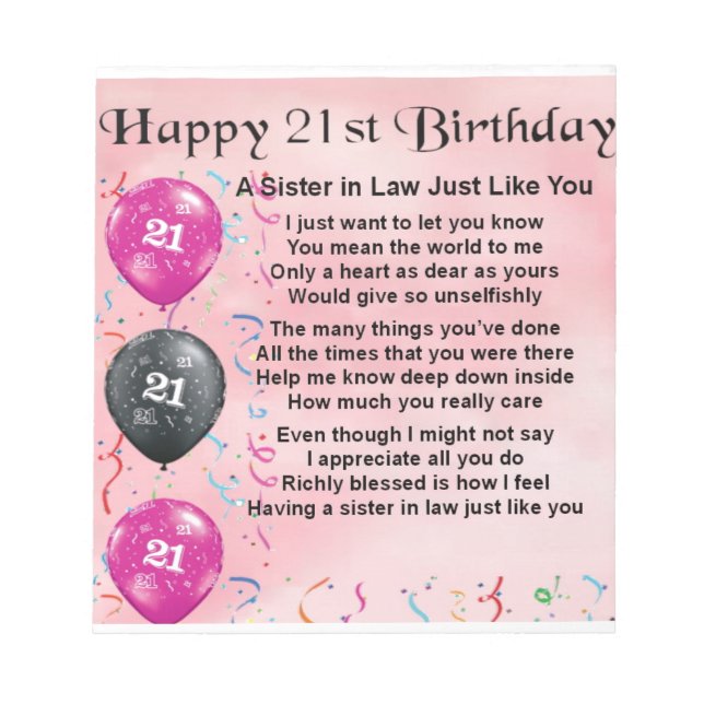 21st Birthday - Sister in Law Poem Notepad (Front)