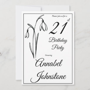 21st Birthday Snowdrop Floral Black And White Invitation