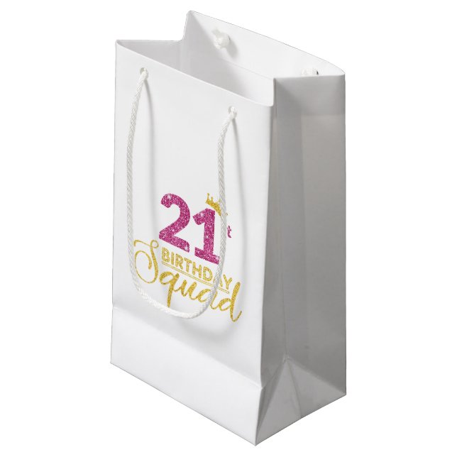 21st Birthday Squad Party Crown Pink Gold Small Gift Bag (Front Angled)