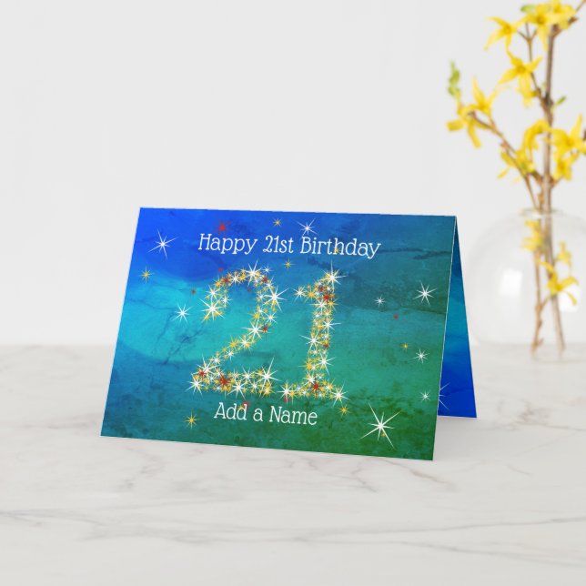 21st Birthday - Star Numbers - Blue Green - Age 21 Card (Yellow Flower)