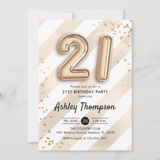 21st Birthday - Stripes Gold Balloons Invitation (Front)