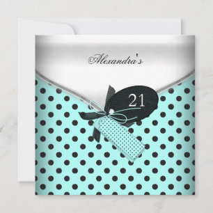 21st Birthday Teal Black White Polka Dot Bow Image Invitation