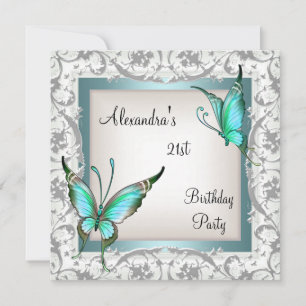 21st Birthday Teal Floral Butterfly Silver White Invitation