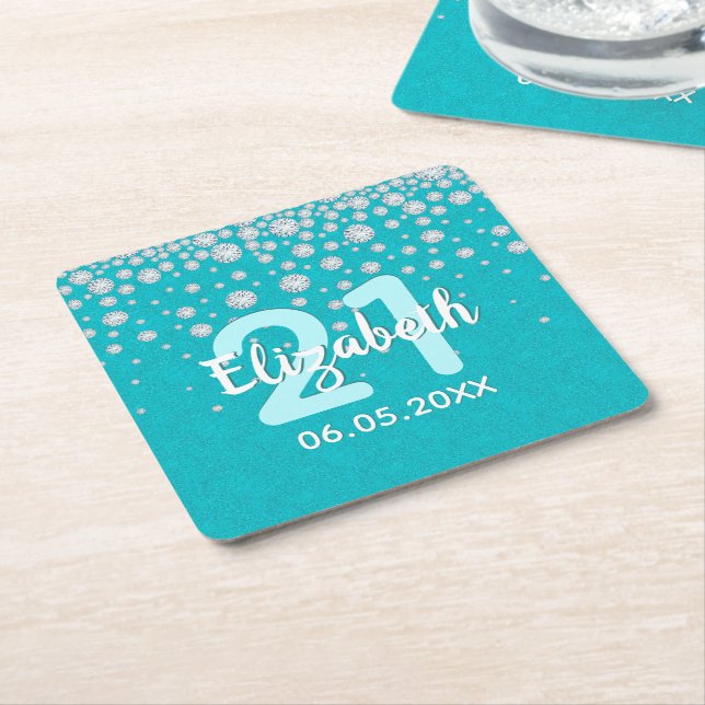 21st birthday teal green glitter diamonds name square paper coaster (Angled)