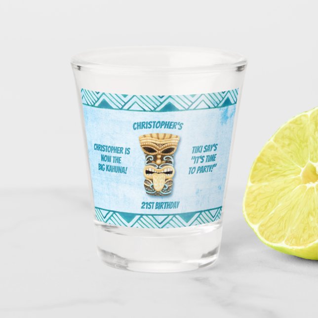 21st Birthday Tiki Big Kahuna Hawaiian Shot Glass (Front)