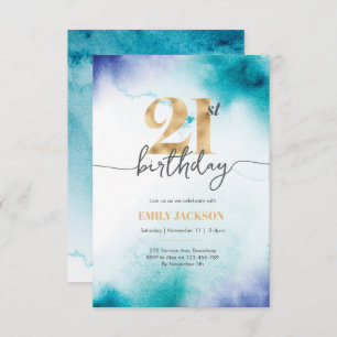 21st birthday Turquoise watercolor gold invitation