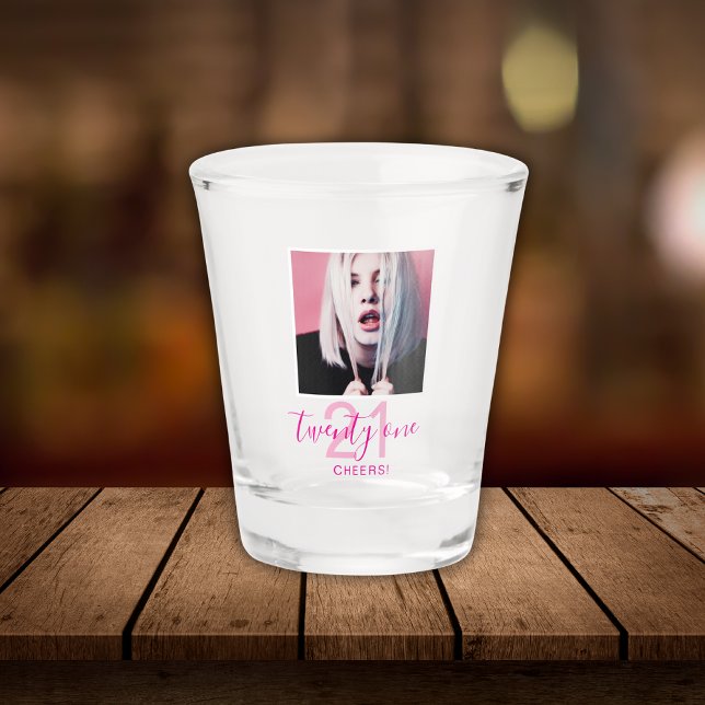 21st Birthday Twenty One Photo Trendy Script Pink Shot Glass (Creator Uploaded)