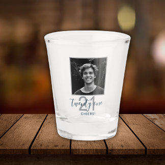 21st Birthday Twenty One Photo Trendy Script Shot Glass