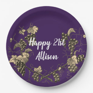21st Birthday Vintage Grape Sketch Celebration Paper Plate