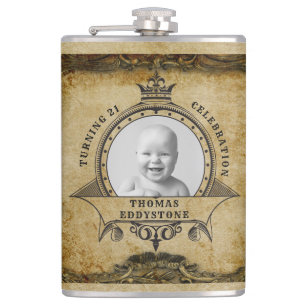21st Birthday Vintage Retro Rustic Monogram Photo Hip Flask