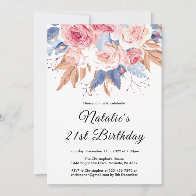 21st Birthday Watercolor Botanical Floral Flowers Invitation (Front)