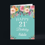 21st Birthday Watercolor Floral Flowers Teal Card<br><div class="desc">21st Birthday Watercolor Floral Flowers Teal Card with personalized name and age. For further customization,  please click the "Customize it" button and use our design tool to modify this template.</div>
