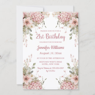  21st birthday watercolor pink floral garden  invitation