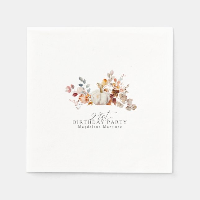21st Birthday White Pumpkin Fall Flowers Custom Napkin (Front)