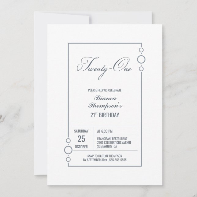 21st Birthday White with Grey Frame Party Invitation (Front)