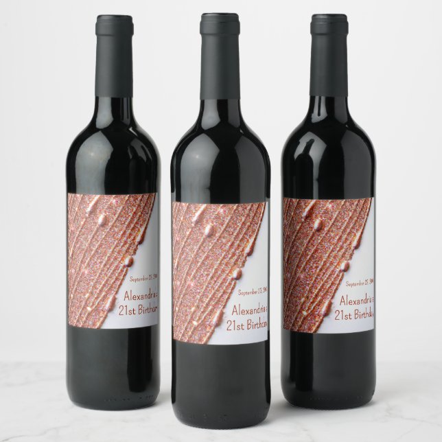 21st Birthday Wine Labels Rose Gold Glitter Drips (Bottles)