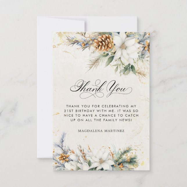 21st Birthday Winter White Floral Greenery Thank You Card (Front)