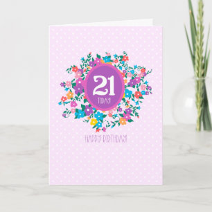 21st Birthday with Flowers and Polka Dots Card