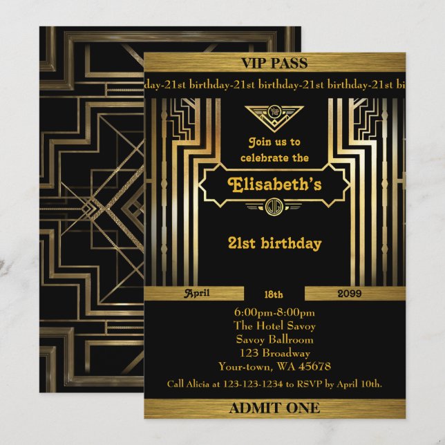 21st,Birthday woman 21st,Gatsby,ticket,black gold Invitation (Front/Back)