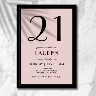 21st Birthday Women's Modern Minimal Black Pink Invitation