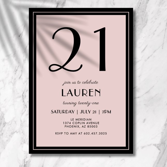 21st Birthday Women's Modern Minimal Black Pink Invitation (Clean lines, elegant layout, and a bold type design for your 21st birthday milestone celebration.)